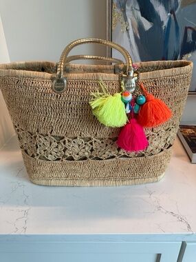 Lilly Pulitzer Natural Straw Tote with Neon Tassel Charms